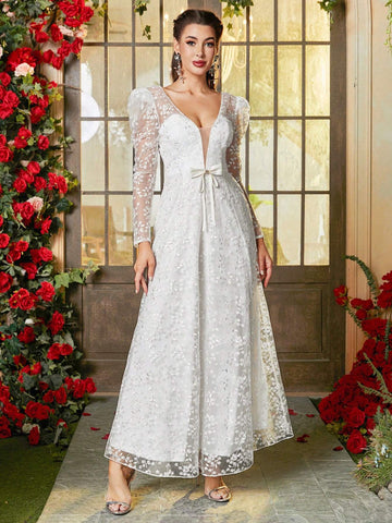 Double Crazy Women's Floral Mesh Puff Long Sleeve Evening Party Dress Double Crazy Women's Floral Mesh Puff Long Sleeve Evening Party Dress