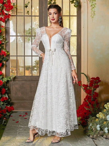 Double Crazy Women's Floral Mesh Puff Long Sleeve Evening Party Dress Double Crazy Women's Floral Mesh Puff Long Sleeve Evening Party Dress