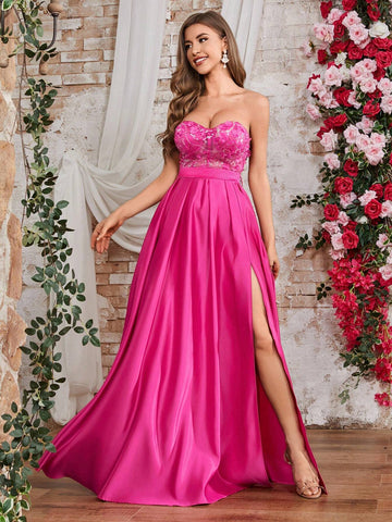 Double Crazy Women's High Slit Strapless Maxi Dress With Sequin & Applique Detail Double Crazy Women's High Slit Strapless Maxi Dress With Sequin & Applique Detail