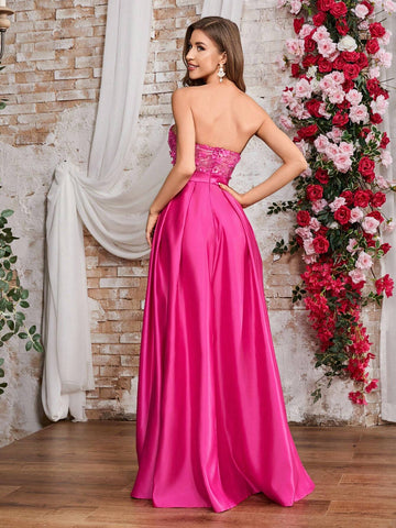 Double Crazy Women's High Slit Strapless Maxi Dress With Sequin & Applique Detail Double Crazy Women's High Slit Strapless Maxi Dress With Sequin & Applique Detail