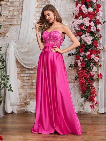 Double Crazy Women's High Slit Strapless Maxi Dress With Sequin & Applique Detail Double Crazy Women's High Slit Strapless Maxi Dress With Sequin & Applique Detail