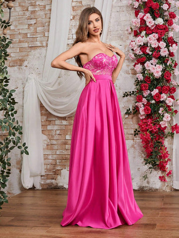 Double Crazy Women's High Slit Strapless Maxi Dress With Sequin & Applique Detail Double Crazy Women's High Slit Strapless Maxi Dress With Sequin & Applique Detail