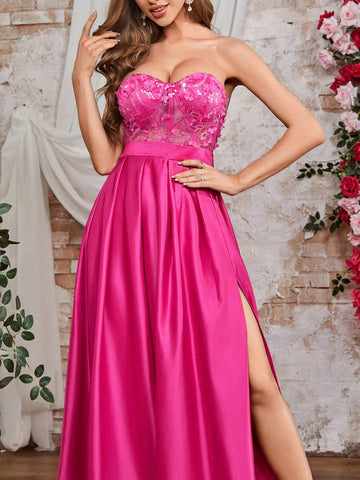Double Crazy Women's High Slit Strapless Maxi Dress With Sequin & Applique Detail Double Crazy Women's High Slit Strapless Maxi Dress With Sequin & Applique Detail