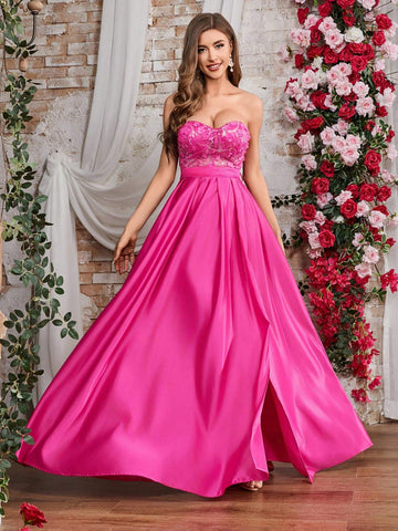 Double Crazy Women's High Slit Strapless Maxi Dress With Sequin & Applique Detail Double Crazy Women's High Slit Strapless Maxi Dress With Sequin & Applique Detail