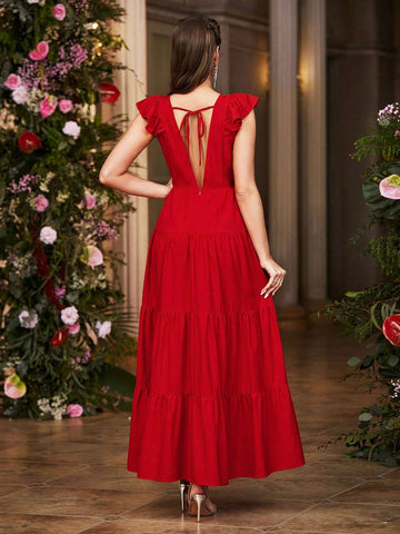 Double Crazy Women's Long Deep V-Neck Layered Ruffle Hem Evening Party Dress With Cap Sleeves Double Crazy Women's Long Deep V-Neck Layered Ruffle Hem Evening Party Dress With Cap Sleeves