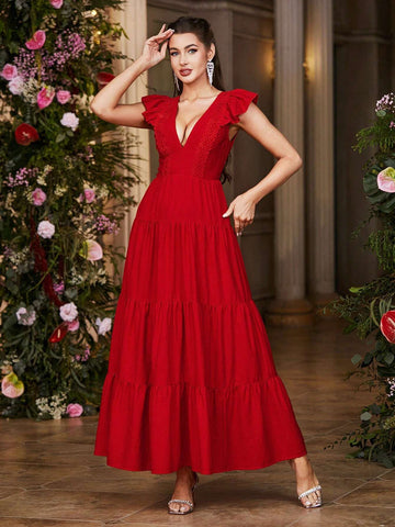 Double Crazy Women's Long Deep V-Neck Layered Ruffle Hem Evening Party Dress With Cap Sleeves Double Crazy Women's Long Deep V-Neck Layered Ruffle Hem Evening Party Dress With Cap Sleeves