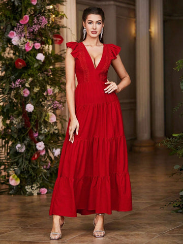 Double Crazy Women's Long Deep V-Neck Layered Ruffle Hem Evening Party Dress With Cap Sleeves Double Crazy Women's Long Deep V-Neck Layered Ruffle Hem Evening Party Dress With Cap Sleeves