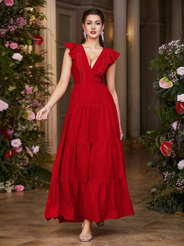 Double Crazy Women's Long Deep V-Neck Layered Ruffle Hem Evening Party Dress With Cap Sleeves Double Crazy Women's Long Deep V-Neck Layered Ruffle Hem Evening Party Dress With Cap Sleeves
