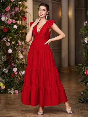 Double Crazy Women's Long Deep V-Neck Layered Ruffle Hem Evening Party Dress With Cap Sleeves Double Crazy Women's Long Deep V-Neck Layered Ruffle Hem Evening Party Dress With Cap Sleeves