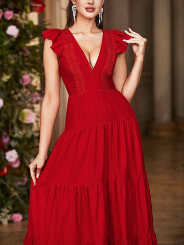 Double Crazy Women's Long Deep V-Neck Layered Ruffle Hem Evening Party Dress With Cap Sleeves Double Crazy Women's Long Deep V-Neck Layered Ruffle Hem Evening Party Dress With Cap Sleeves