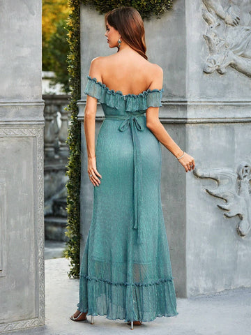 Double Crazy Women's Off Shoulder Ruffle Edge Fish Tail Evening Dress (Heavy Industry Model) Double Crazy Women's Off Shoulder Ruffle Edge Fish Tail Evening Dress (Heavy Industry Model)