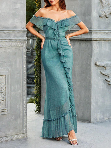 Double Crazy Women's Off Shoulder Ruffle Edge Fish Tail Evening Dress (Heavy Industry Model) Double Crazy Women's Off Shoulder Ruffle Edge Fish Tail Evening Dress (Heavy Industry Model)