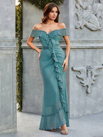 Double Crazy Women's Off Shoulder Ruffle Edge Fish Tail Evening Dress (Heavy Industry Model) Double Crazy Women's Off Shoulder Ruffle Edge Fish Tail Evening Dress (Heavy Industry Model)
