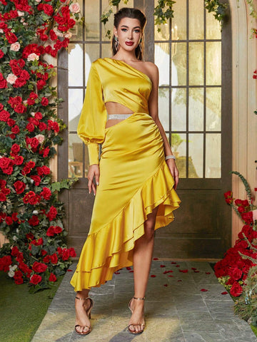 Double Crazy Women's Solid Color Asymmetrical Collar & Hollow Out Ruffle Hem Cocktail Dress Double Crazy Women's Solid Color Asymmetrical Collar & Hollow Out Ruffle Hem Cocktail Dress