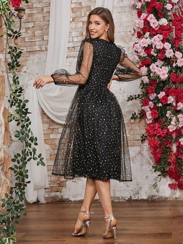 Double Crazy Women's Sparkling Silver Foil Printed Lantern Sleeve Cut-Out Dress Double Crazy Women's Sparkling Silver Foil Printed Lantern Sleeve Cut-Out Dress