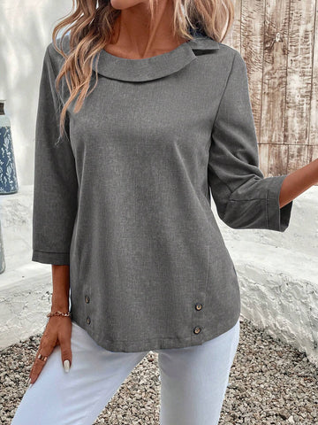 EMERY ROSE 1pc Women Simple Solid Color Long Sleeve Linen Casual Shirt EMERY ROSE 1pc Women Simple Solid Color Long Sleeve Linen Casual Shirt