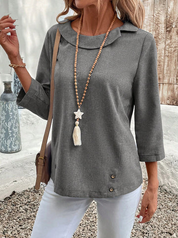 EMERY ROSE 1pc Women Simple Solid Color Long Sleeve Linen Casual Shirt EMERY ROSE 1pc Women Simple Solid Color Long Sleeve Linen Casual Shirt