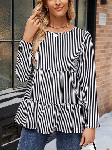 EMERY ROSE 1pc Women Striped Layer Long Sleeve Blouse, Black & White EMERY ROSE 1pc Women Striped Layer Long Sleeve Blouse, Black & White
