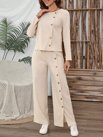EMERY ROSE 2pcs/Set Women's Casual Solid Color Button Decor T-Shirt And Loose Wide Leg Pants EMERY ROSE 2pcs/Set Women's Casual Solid Color Button Decor T-Shirt And Loose Wide Leg Pants