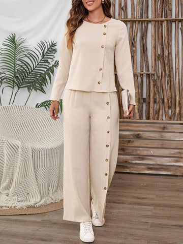 EMERY ROSE 2pcs/Set Women's Casual Solid Color Button Decor T-Shirt And Loose Wide Leg Pants EMERY ROSE 2pcs/Set Women's Casual Solid Color Button Decor T-Shirt And Loose Wide Leg Pants