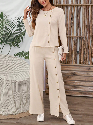 EMERY ROSE 2pcs/Set Women's Casual Solid Color Button Decor T-Shirt And Loose Wide Leg Pants EMERY ROSE 2pcs/Set Women's Casual Solid Color Button Decor T-Shirt And Loose Wide Leg Pants