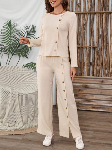 EMERY ROSE 2pcs/Set Women's Casual Solid Color Button Decor T-Shirt And Loose Wide Leg Pants EMERY ROSE 2pcs/Set Women's Casual Solid Color Button Decor T-Shirt And Loose Wide Leg Pants