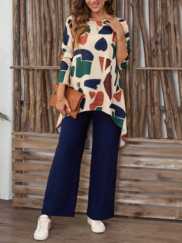 EMERY ROSE 2pcs Women's Asymmetrical Hem Long Sleeve Top And Loose Palazzo Pants Set Women Fall Sets EMERY ROSE 2pcs Women's Asymmetrical Hem Long Sleeve Top And Loose Palazzo Pants Set Women Fall Sets