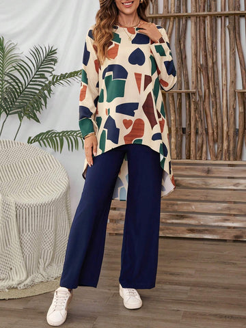 EMERY ROSE 2pcs Women's Asymmetrical Hem Long Sleeve Top And Loose Palazzo Pants Set Women Fall Sets EMERY ROSE 2pcs Women's Asymmetrical Hem Long Sleeve Top And Loose Palazzo Pants Set Women Fall Sets