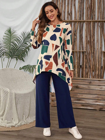 EMERY ROSE 2pcs Women's Asymmetrical Hem Long Sleeve Top And Loose Palazzo Pants Set Women Fall Sets EMERY ROSE 2pcs Women's Asymmetrical Hem Long Sleeve Top And Loose Palazzo Pants Set Women Fall Sets