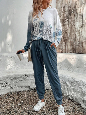 EMERY ROSE 2pcs Women Casual T-Shirt And Ankle Length Pants Set EMERY ROSE 2pcs Women Casual T-Shirt And Ankle Length Pants Set