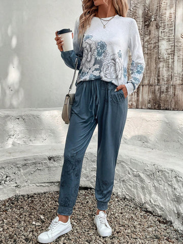 EMERY ROSE 2pcs Women Casual T-Shirt And Ankle Length Pants Set EMERY ROSE 2pcs Women Casual T-Shirt And Ankle Length Pants Set