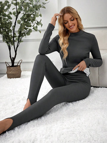 EMERY ROSE 2pcs Women Winter Warm Solid Color Fleece Crew Neck Long Sleeve Top And Pants Set EMERY ROSE 2pcs Women Winter Warm Solid Color Fleece Crew Neck Long Sleeve Top And Pants Set