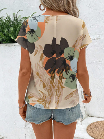EMERY ROSE Casual Minimalist Floral Print Round Neck Blouse For Women EMERY ROSE Casual Minimalist Floral Print Round Neck Blouse For Women