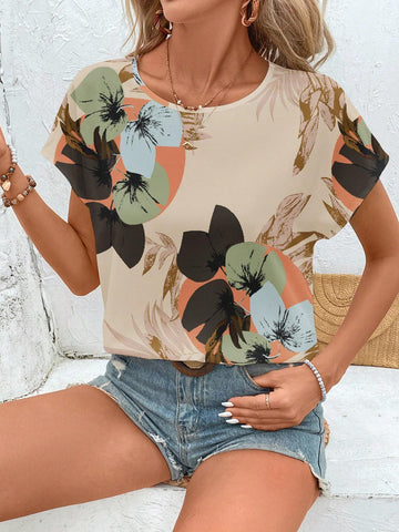 EMERY ROSE Casual Minimalist Floral Print Round Neck Blouse For Women EMERY ROSE Casual Minimalist Floral Print Round Neck Blouse For Women