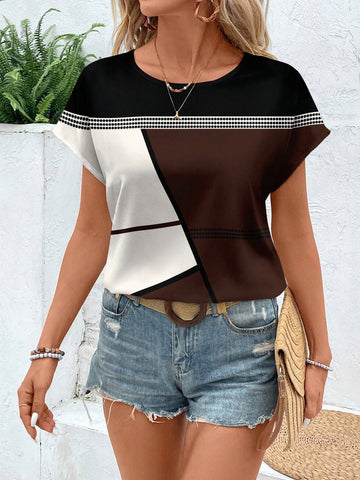 EMERY ROSE Casual Minimalist Line Splice Pattern Women Round Neck Short Sleeve Blouse EMERY ROSE Casual Minimalist Line Splice Pattern Women Round Neck Short Sleeve Blouse