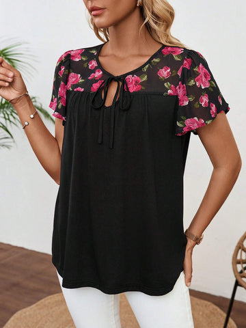 EMERY ROSE Floral Print Tie Neck Blouse For Summer Vacation EMERY ROSE Floral Print Tie Neck Blouse For Summer Vacation