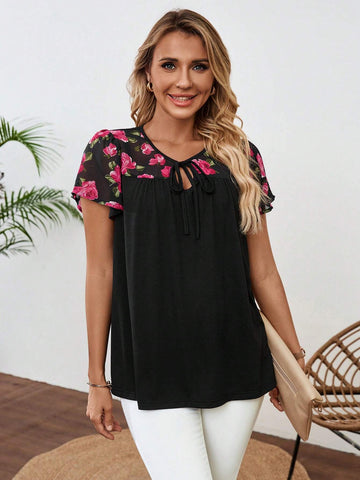 EMERY ROSE Floral Print Tie Neck Blouse For Summer Vacation EMERY ROSE Floral Print Tie Neck Blouse For Summer Vacation