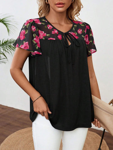 EMERY ROSE Floral Print Tie Neck Blouse For Summer Vacation EMERY ROSE Floral Print Tie Neck Blouse For Summer Vacation