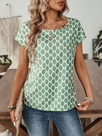EMERY ROSE Geometric Abstract Pattern Green Ladies' Casual Short Sleeve Summer Shirt EMERY ROSE Geometric Abstract Pattern Green Ladies' Casual Short Sleeve Summer Shirt