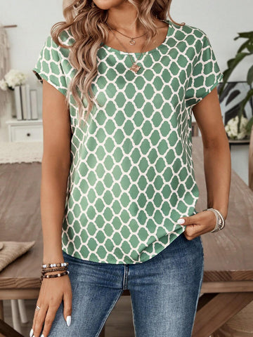 EMERY ROSE Geometric Abstract Pattern Green Ladies' Casual Short Sleeve Summer Shirt EMERY ROSE Geometric Abstract Pattern Green Ladies' Casual Short Sleeve Summer Shirt