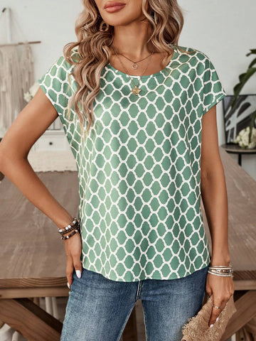 EMERY ROSE Geometric Abstract Pattern Green Ladies' Casual Short Sleeve Summer Shirt EMERY ROSE Geometric Abstract Pattern Green Ladies' Casual Short Sleeve Summer Shirt
