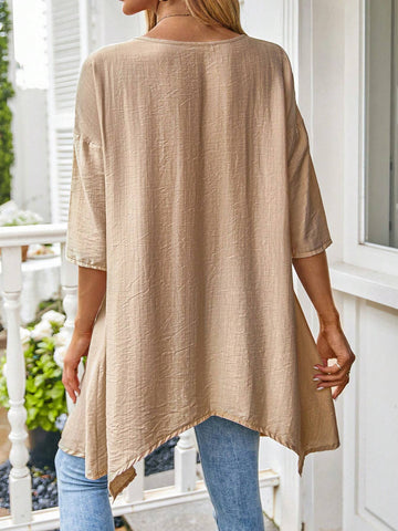 EMERY ROSE Round Neck Striped Short Sleeve Asymmetrical Hem Women's Casual Summer Top Blouse EMERY ROSE Round Neck Striped Short Sleeve Asymmetrical Hem Women's Casual Summer Top Blouse