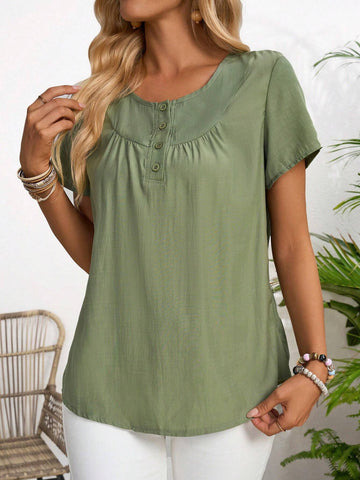 EMERY ROSE Solid Button Front Blouse For Summer EMERY ROSE Solid Button Front Blouse For Summer