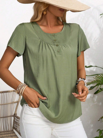 EMERY ROSE Solid Button Front Blouse For Summer EMERY ROSE Solid Button Front Blouse For Summer