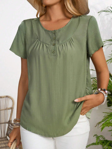 EMERY ROSE Solid Button Front Blouse For Summer EMERY ROSE Solid Button Front Blouse For Summer