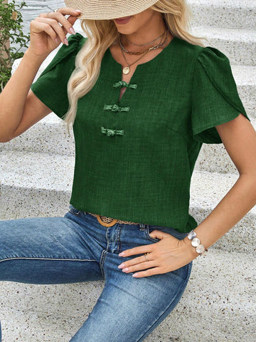 EMERY ROSE Solid Color Lantern Sleeve Button Up Women Casual Summer Blouse Shirt EMERY ROSE Solid Color Lantern Sleeve Button Up Women Casual Summer Blouse Shirt