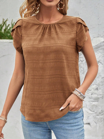 EMERY ROSE Solid Color Petal Sleeve Back Keyhole Blouse EMERY ROSE Solid Color Petal Sleeve Back Keyhole Blouse