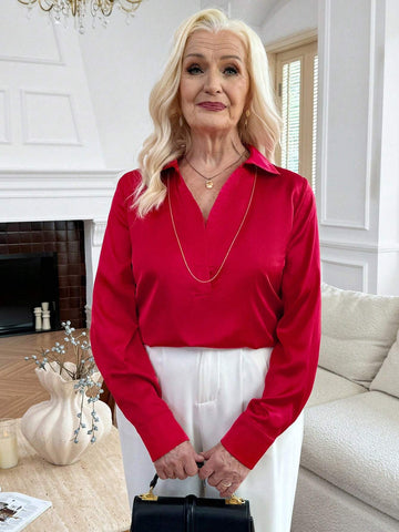 EMERY ROSE Stretchy Satin Silk V-Neck Long Sleeve Straight Women Blouse EMERY ROSE Stretchy Satin Silk V-Neck Long Sleeve Straight Women Blouse