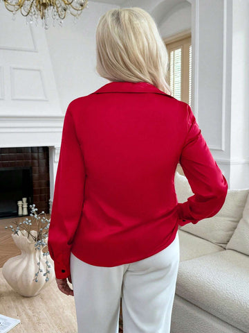 EMERY ROSE Stretchy Satin Silk V-Neck Long Sleeve Straight Women Blouse EMERY ROSE Stretchy Satin Silk V-Neck Long Sleeve Straight Women Blouse