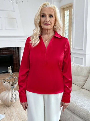 EMERY ROSE Stretchy Satin Silk V-Neck Long Sleeve Straight Women Blouse EMERY ROSE Stretchy Satin Silk V-Neck Long Sleeve Straight Women Blouse